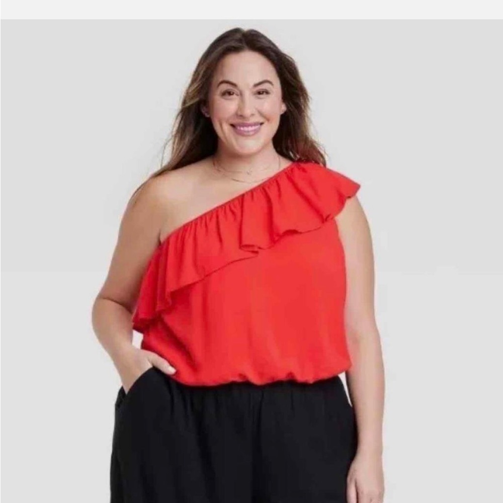 Ava & Viv Women's One-Shoulder Ruffle Orange Red Top